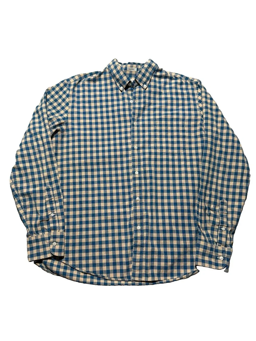 J Crew Secret Wash Shirt Mens Large Blue Beige Check Long Sleeve Button Down